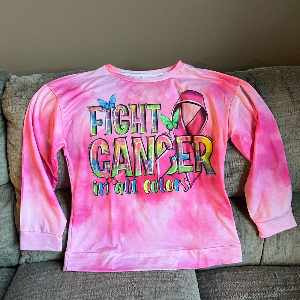 NWOT Pink Women’s Fight Cancer Shirt with Colorful Design, Size L